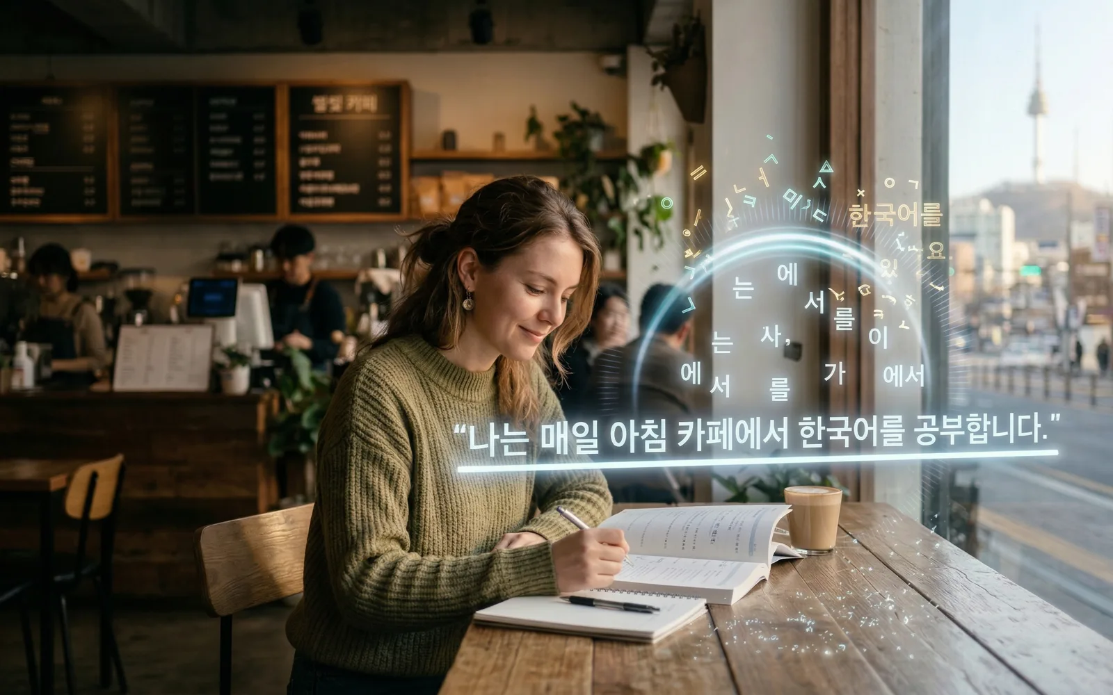 Learner studying Korean grammar in a cafe